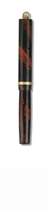 Two Boston red mottled hard rubber pens with gold-filled band at cap bottom and with black bottom: vest pen with black top * ring top.